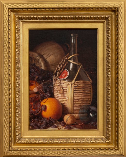 Lemuel E. Wilmarth (1835–1918). Wine Bottles, Walnut, Oranges and Raisins, 1892. Oil on canvas laid down on panel. 13 x 9 in., signed and dated lower right (framed)