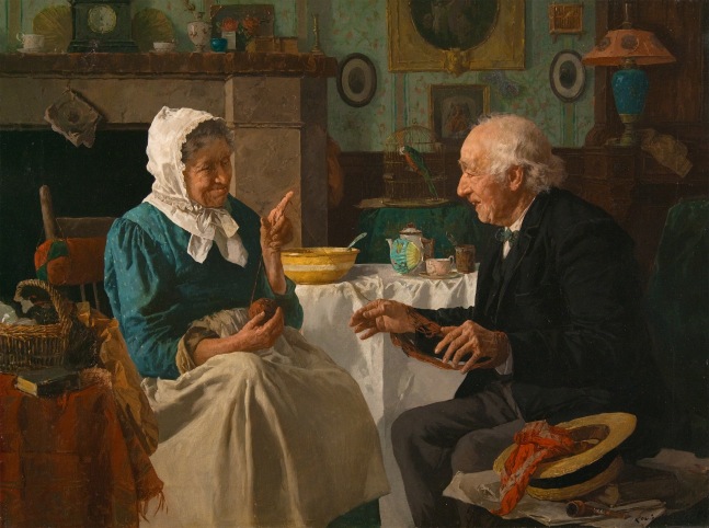 Louis Charles Moeller (1855–1930), Spinning Yarns, c. 1890, oil on canvas, 18 x 24 in., signed lower right: Louis Moeller NA