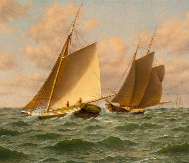 William M. Davis (1829-1920), Schooners at Sea: A Close Shave  oil on canvasboard, 12 x 14 in., signed lower left: Wm M. Davis