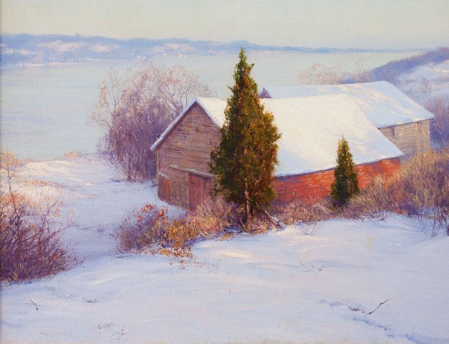 Winter scene of two barns on the shores of the Hudson River by Walter Launt Palmer (1854–1932). Oil on canvas, 21 1/8 x 28 1/8 in., signed lower left
