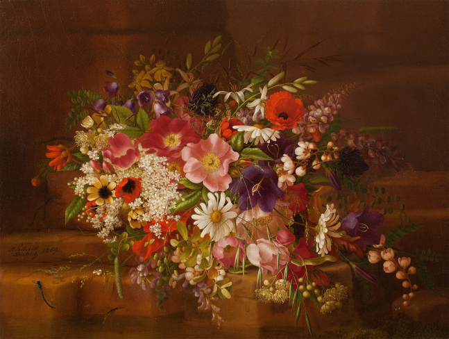 Adelheid Dietrich (1827–1891), Still Life with Flowers, 1869, oil on board, 13 3/4 x 17 in.,  signed lower left: Adelheid Dietrich / 1869 Signed and dated verso: Adelheid Dietrich. / 1869