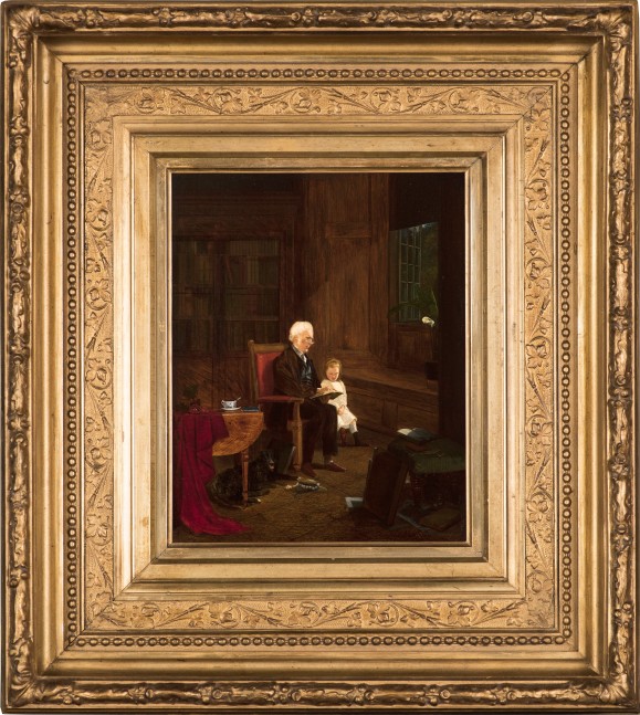 Charles Caleb Ward (1831–1896), The Lesson, 1875, oil on board, 10 x 7 7/8 in., signed and dated lower right: Charles C. Ward 1875 (framed)