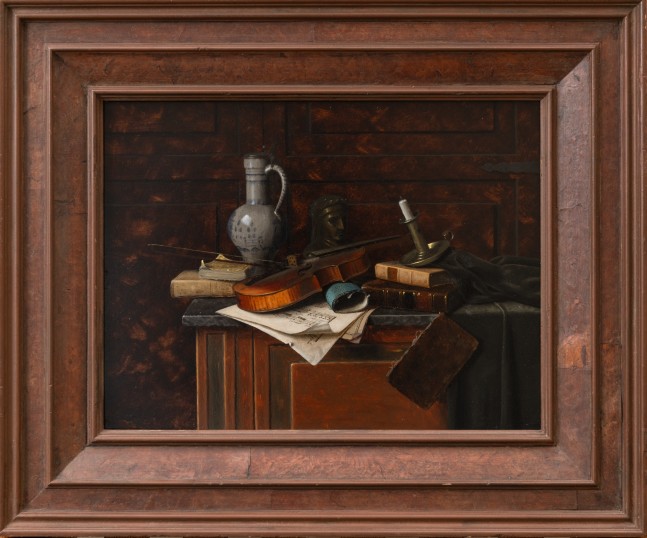 William Michael Harnett (1848–1892). Dutch Jar and Bust of Dante, 1885. Oil on panel, 10 3/8 x 13 3/4 in. Signed and dated lower left (framed)