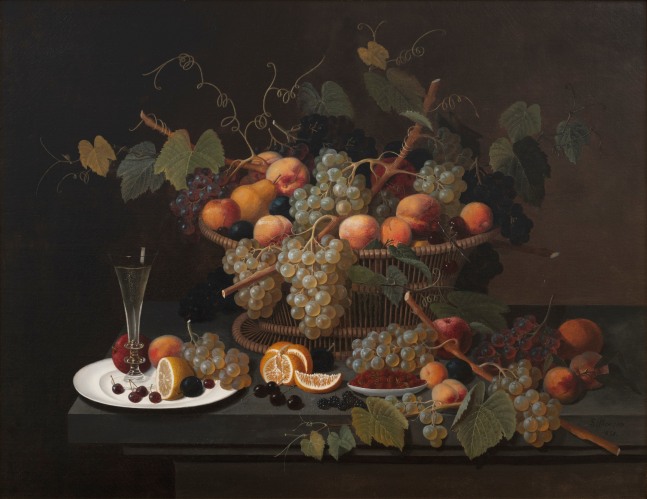 Severin Roesen (1816–c. 1872). Still Life with Champagne and Fruit, 1851. Oil on canvas, 35 3/8 x 45 in., signed and dated lower right: S. Roesen / 1851