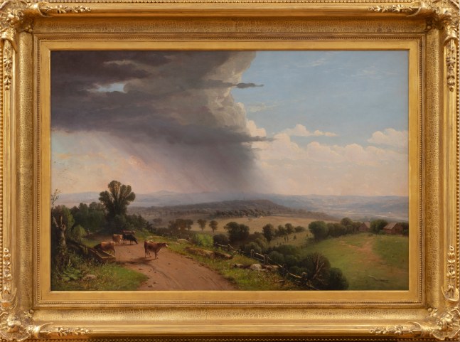 John Williamson (1826–1885), Passing Shower, Upper Valley of the Connecticut River, 1870, oil on canvas, 27 1/8 x 40 in., signed lower left: J. Williamson. 1870. N.Y Inscribed on verso: Passing Shower / Upper Valley of the Connecticut / J Williamson / N.Y. 1870 (framed)
