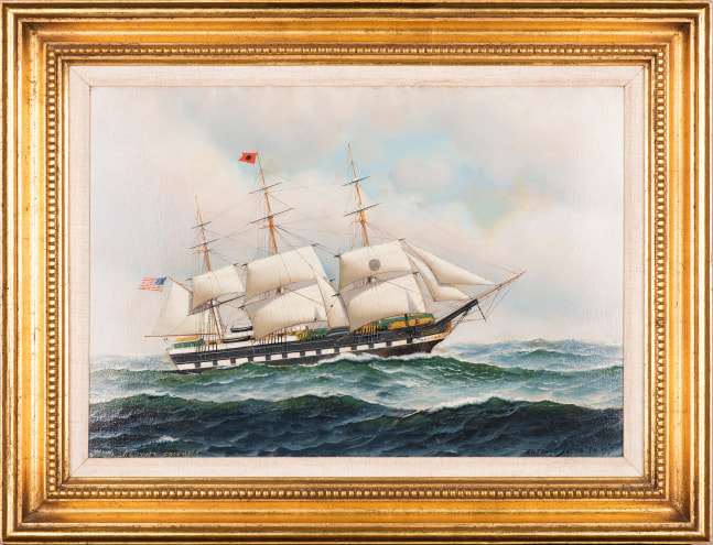 Antonio Jacobsen (1850–1921), The Blackball Liner Columbia, 1917, oil on board, 14 x 19 3/4 in., signed and dated lower right: Antonio Jacobsen 1917, inscribed lower left: Liner Columbia (framed)