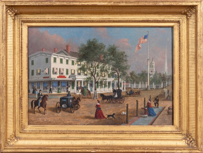 John Evers, Jr. (1794–1884). Northeast Corner, Front Street, Hempstead, New York, 1870. Oil on canvas, 12 x 17 in. Unsigned (framed)