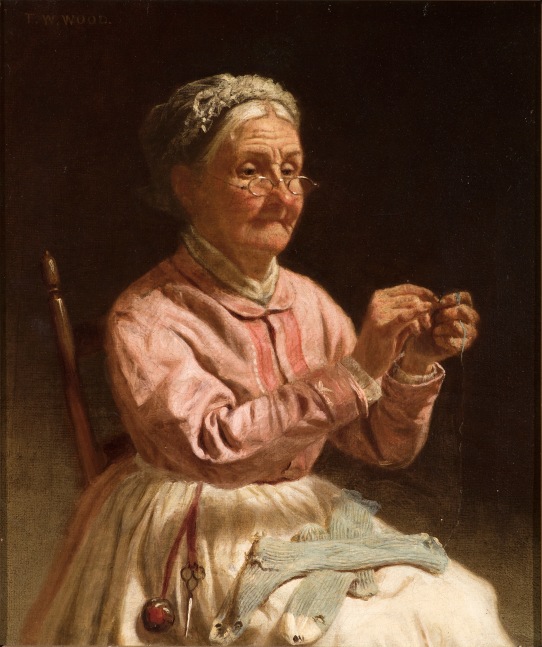 Thomas Waterman Wood (1823–1903), Threading a Needle, c. 1870, oil on canvas, 10 x 12 in., signed upper left: T. W. Wood