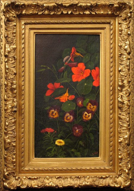 Levi Wells Prentice (1851–1935), Pansies and Nasturtiums, c. 1890, oil on canvas, 11 1/2 x 6 1/2 in., signed lower right: L. W. P. (framed)