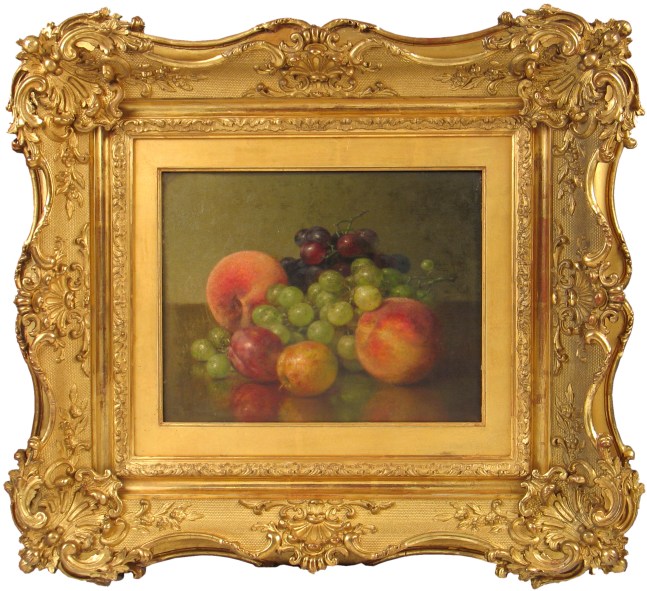 Robert Spear Dunning (1829–1905), Fruit Still Life, 1902. oil on canvas, 9 x 11 3/4 in., signed lower left: R.S. Dunning, inscribed on verso: R.S. Dunning / 1902 / Fruit  (framed)
