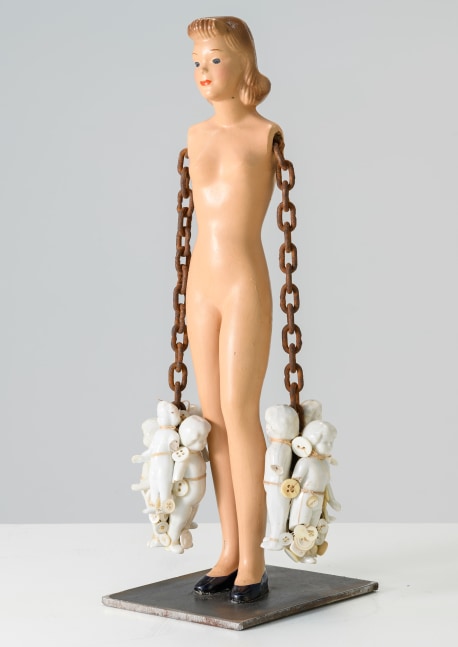 Karin Broker  Model girl, 2022 McCall Peggy, chain, ceramic dolls, thread, steel shelf 13 x 5 x 4 inches (KB-266)     $12,000