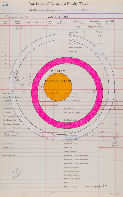 Terran Last Gun  Under the Highest Energy, 2021 ink and colored pencil on antique ledger paper (dated 1926) paper: 17 3/4  x 11 3/8 inches frame: 21 1/4 x 15 x 1 1/4 inches