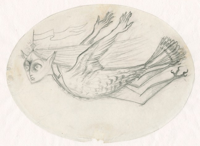 Remedios Varo  Mujer lechuza volando, 1957 pencil on paper paper: 8 1/4 x 7 1/2 inches frame: 11 1/2 x 14 5/8 inches