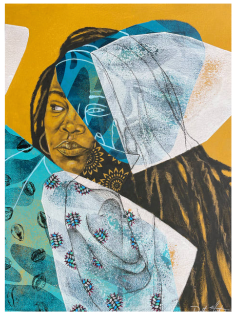 Delita Martin  I Understand This Light To Be My Home, 2023  relief printing, charcoal, acrylic, printed papers, hand stitching paper: 40 x 30 inches frame: 45 5/8 x 35 inches Courtesy of Delita Martin and McClain Gallery