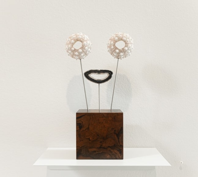 Katarzyna Przezwańska  Untitled, 2022 sea urchin shells, agate slice, metal, wood 11 3/4 x 6 3/4 x 4 3/8 inches