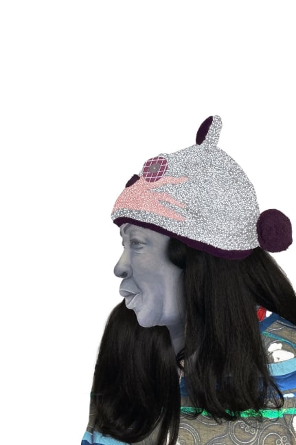 Mark Francis  Lady Bastet, 2022 color pencil, mulberry paper, decorative paper, card stock, crochet yarn, ink and acrylic paint on watercolor paper  paper: 55 x 35 inches frame: 59 ¾ x 39 5/8 inches Courtesy of the Artist