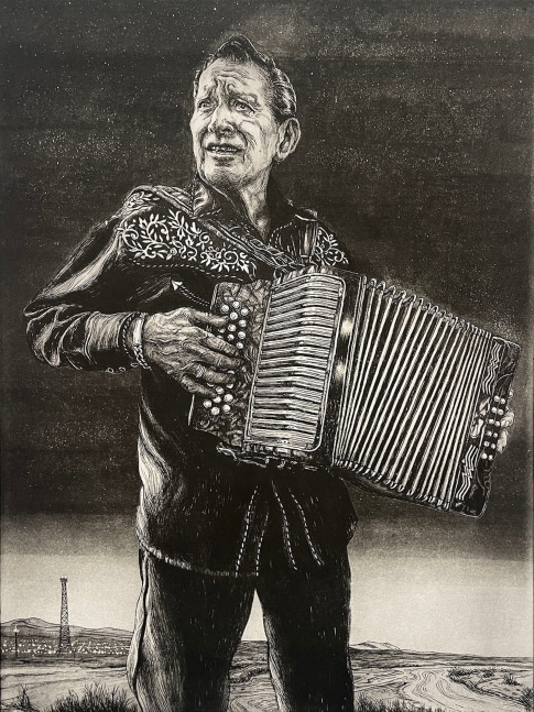 Vincent Valdez  FLACO, 2022  etching gravure Edition of 20  paper: 22 x 30 inches  frame: 34 1/4 x 26 1/2 inches  Autographed by Flaco Jimenez  Printed at Hare and Hound Press  Donation courtesy of the artist