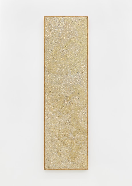 Ficus Interfaith  Winged Genie with Sacred Tree, 2020 cementitious terrazo in oak frame 48 x 14 x 1 1/4 inches