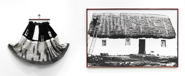 Elaine Reichek  Whitewash (Galway Cottage), 1992-93 knitted wool yarn, hanger, and gelatin silver print in 2 parts 43 x 133 inches