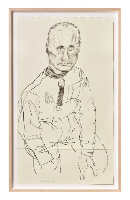 Shane Tolbert Putin in Time-Out, 2023 ink, charcoal on paper paper: 31 x 18 inches  frame: 33 3/4 x 23 x 1 1/2 inches