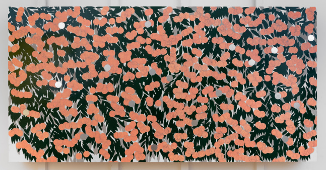 Donald Sultan Pink Mimosa November 21 2023, 2023 Enamel, silver spray paint, cement, and graphite on masonite 48 x 96 inches