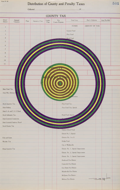 Terran Last Gun  Constructing Earthbeams for the Sun, 2021 ink and colored pencil on antique ledger paper (dated 1927) paper: 17 3/4 x 11 3/8 inches frame: 21 1/4 x 15 x 1 1/4 inches