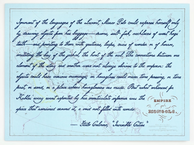 Elaine Reichek  The Languages of the Levant (Invisible Cities), 2017  pigment inkjet printing and machine embroidery on linen  39 3/4 x 53 3/4 inches