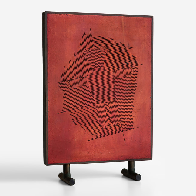 Jim Love  Plowed Bear Camouflaged, 1972-1973  steel, plastic and red pigment  15 1/4 x 10 1/4 x 3 3/4 inches  Donation courtesy Jim Love Estate and Moody Gallery