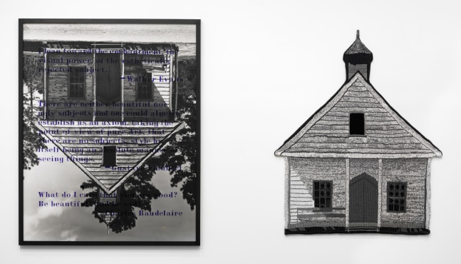 Elaine Reichek  Form Security Administration (I Lean Towards), 1994–95  knitted cotton yarn and oil on gelatin silver print  64 1/4 x 111 1/2 inches  $50,000