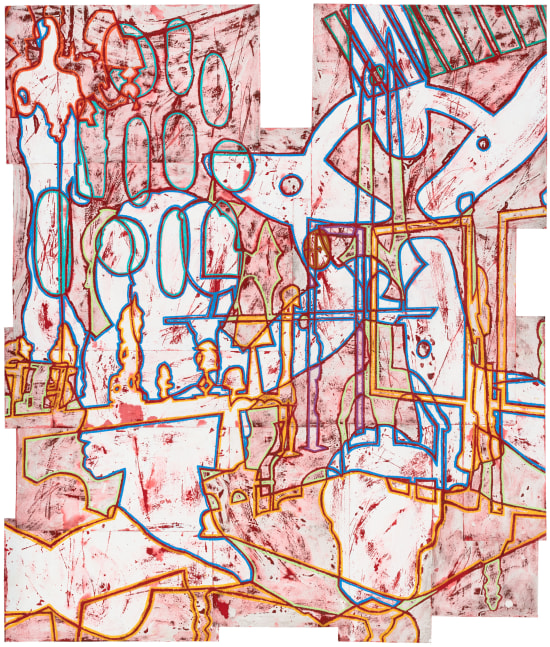 Bo Joseph  Holding Spaces: Domesticated Animism, 2022  Oil pastel, acrylic and tempera on joined paper  55 3/4  x 47 1/8 inches