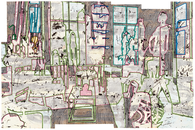 Bo Joseph  Holding Spaces: Masquerading as Mutualism, 2023  oil pastel, acrylic and tempera on joined paper  47 3/4 x 72 5/8 inches