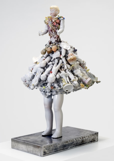 Karin Broker  Anonymous girl, 2022  porcelain, ceramics, buttons, wire, misc. metals, steel base  29 x 17 x 19 inches