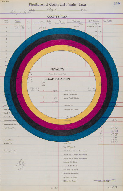 Terran Last Gun  Observing the Calendar Rings, 2021 ink and colored pencil on antique ledger paper (dated 1926) paper: 17 3/4 x 11 3/8 inches frame: 21 1/4 x 15 x 1 1/4 inches