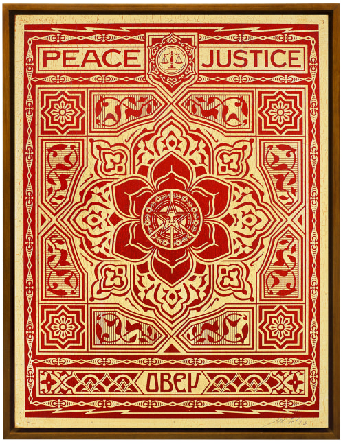 Shepard Fairey Peace and Justice (Red), 2012 silkscreen on wood panel 24 x 18 inches  Edition 4 of 6  Donation courtesy of the artist and Subliminal Projects
