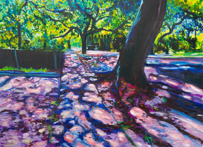 Margaret García  Living in the Shadows, 2022  oil on wood panel  30 x 40 inches