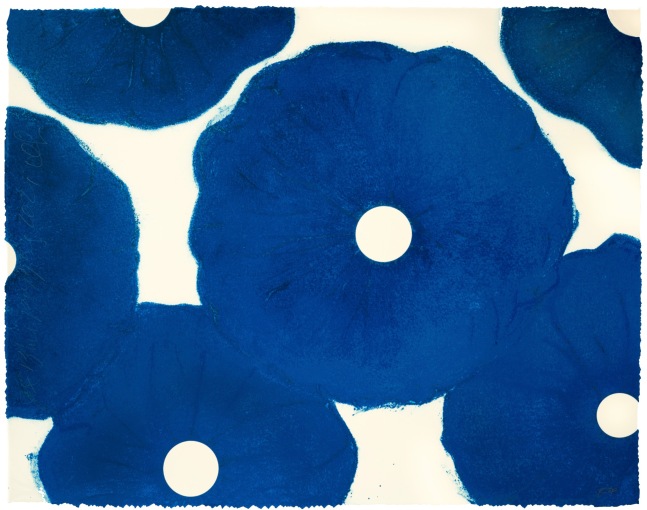 Donald Sultan  Six Blue Poppies, 2021  color silkscreen with enamel inks, flocking, and over printed flocking on Somerset 500 gsm Satin Radiant White with deckle edges  paper: 30 x 38 inches frame: 34 1/2 x 44 1/2 inches 19 of 60, edition of 60 Courtesy of Donald Sultan and Lococo Fine Arts Publisher