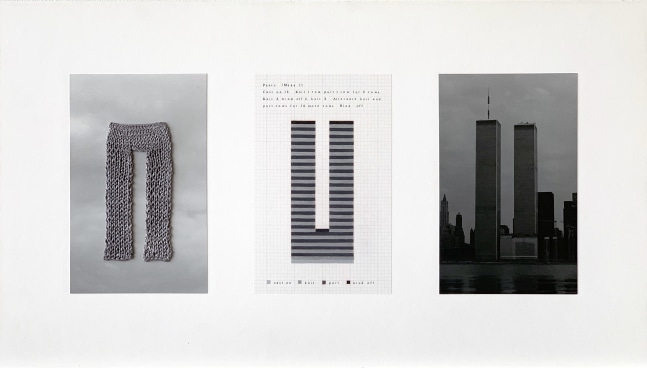 Elaine Reichek  World Trade Center (Gray), 1981 Knitted wool yarn sewn and mounted on paper; colored pencil on graph paper; gelatin silver print; mounted to mat board 13 3/4 x 24 inches