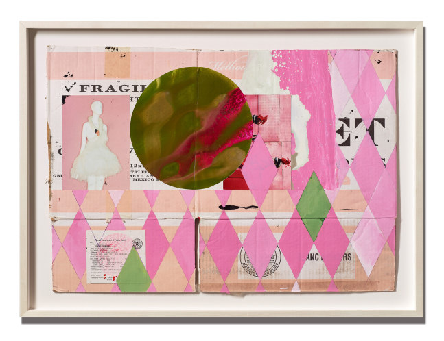 Shane Tolbert  Romance, 2021  acrylic, ink, color pencil, postcard on found material  paper: 18 x 25 1/2 inches  frame: 21 3/4 x 29 1/2 inches