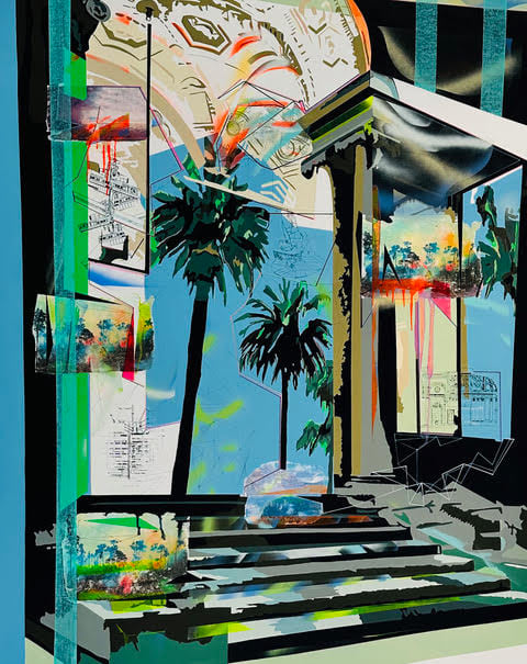 Emilie Duval  Elysium, The Digital Pattern, 2022  acrylic, ink, marker, spray paint and collages on canvas  canvas: 66 x 48 inches frame: 58 5/8 x 50 3/8 inches Donation courtesy of the artist