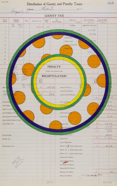 Terran Last Gun  Star Messenger Brings Map, 2021 ink and colored pencil on antique ledger paper (dated 1926) paper: 17 3/4 x 11 3/8 inches frame: 21 1/4 x 15 x 1 1/4 inches