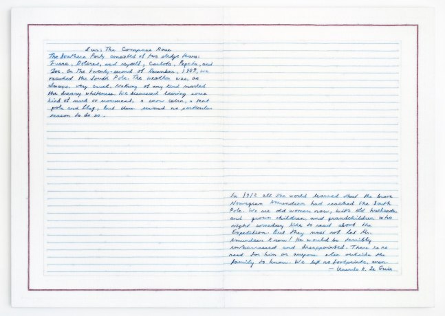 Elaine Reichek  The Southern Party (Le Guin), 2016-17  hand embroidery on linen  26 x 36 3/4 inches