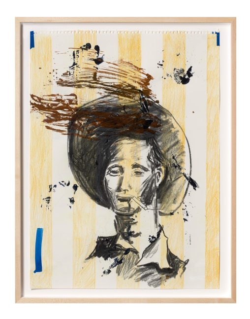 Shane Tolbert Party Cowboy, 2022 acrylic, color pencil, charcoal, tape on paper paper: 24 3/8 x 18 inches  frame: 26 3/4 x 23 x 1 1/2 inches