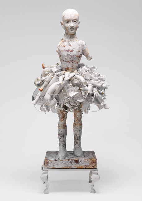 Karin Broker  Untitled, 2020  18th c. figure, paint, glass, ceramics, metal base, buttons, wire  29 1/2 x 13 x 12 inches painted wood pedestal: 43 1/2 x 11 1/2 x 11 1/2 inches  $25,000