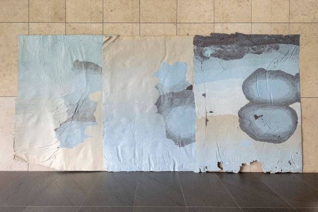 Hong Hong  Tracing with Ashes the Sphere's Shadow, 2020  mulberry bark, dust, sun, water, hair, pollen, fiber-reactive dyes, repurposed paper, foliage  88 x 185 inches