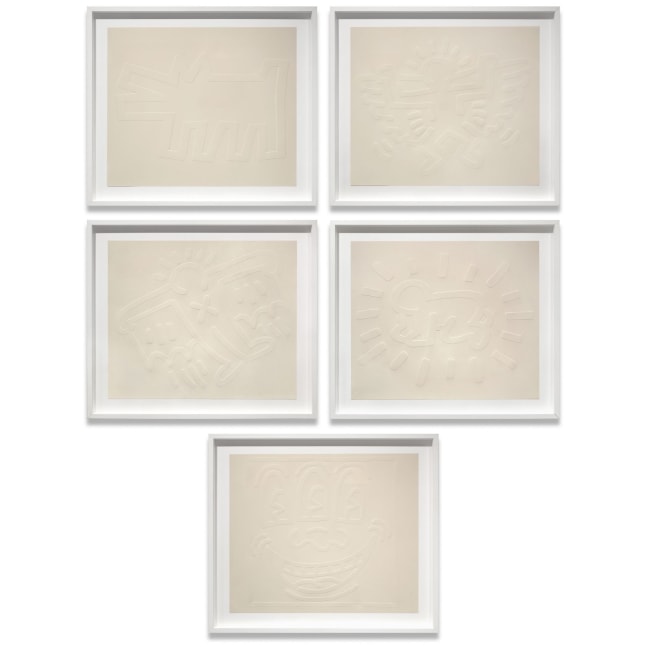 White Icons,&amp;nbsp; 1990

Embossed screenprint on paper

21 x 25 in. (53.3 x 63.5 cm) each&amp;nbsp;

Edition of 60

Numbered | Stamped | Authenticated by Julia Gruen, Executor of the Keith Haring Estate