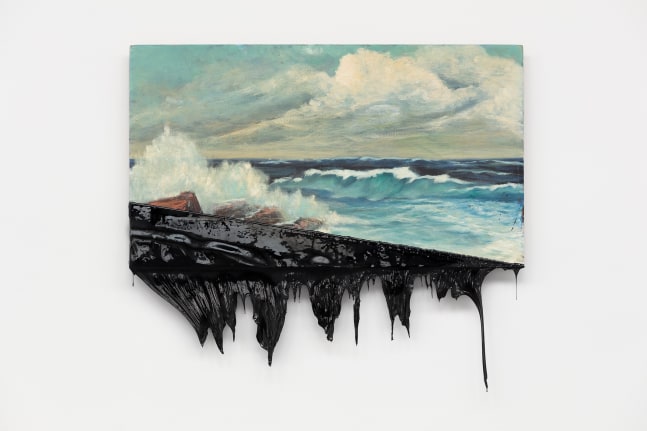 minerva cuevas, paysage marin, 2020. oil on canvas dipped in chapopote, 26.38 x 29.92 x 1.77 in.