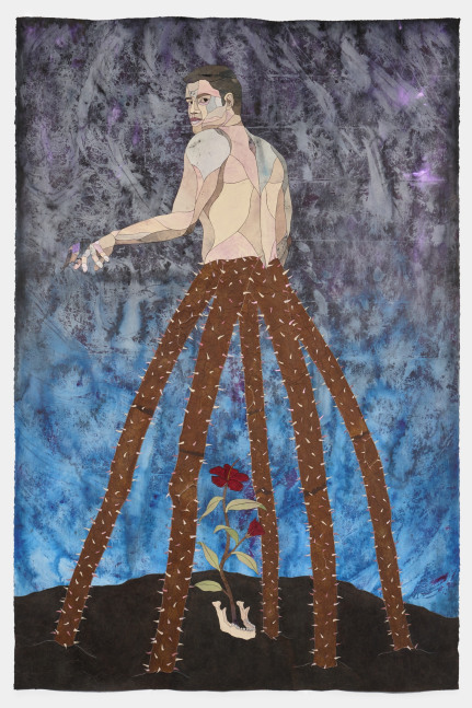 emerging in difference, 2022. ink, graphite, glitter, interference powder, twine, acrylic, and cut paper on paper. 78 3/4 x 51 1/2 inches