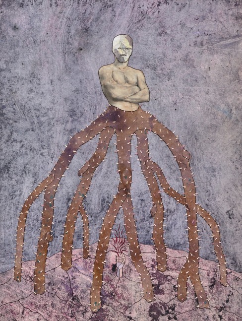 the self must create its own reason for being, 2022. ink, acrylic, varnish, glitter, graphite, and cut paper on panel. 24 x 18 inches