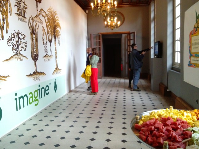 bioprospection (national state), 2003

pintura acr&amp;iacute;lica en la pared (o lienzo), mesa con una ensalada de frutas

146 x 159 cm