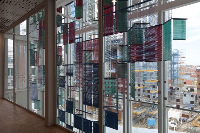 dispersed three in live conjunction &amp;ndash; middling mountainous curtain, 2015

aluminum venetian blinds, aluminum hanging structure, powder coating, steel wire

309.45 x 448.82 x 31.5 in.

installation view, malm&amp;ouml; live, sweden, 2015